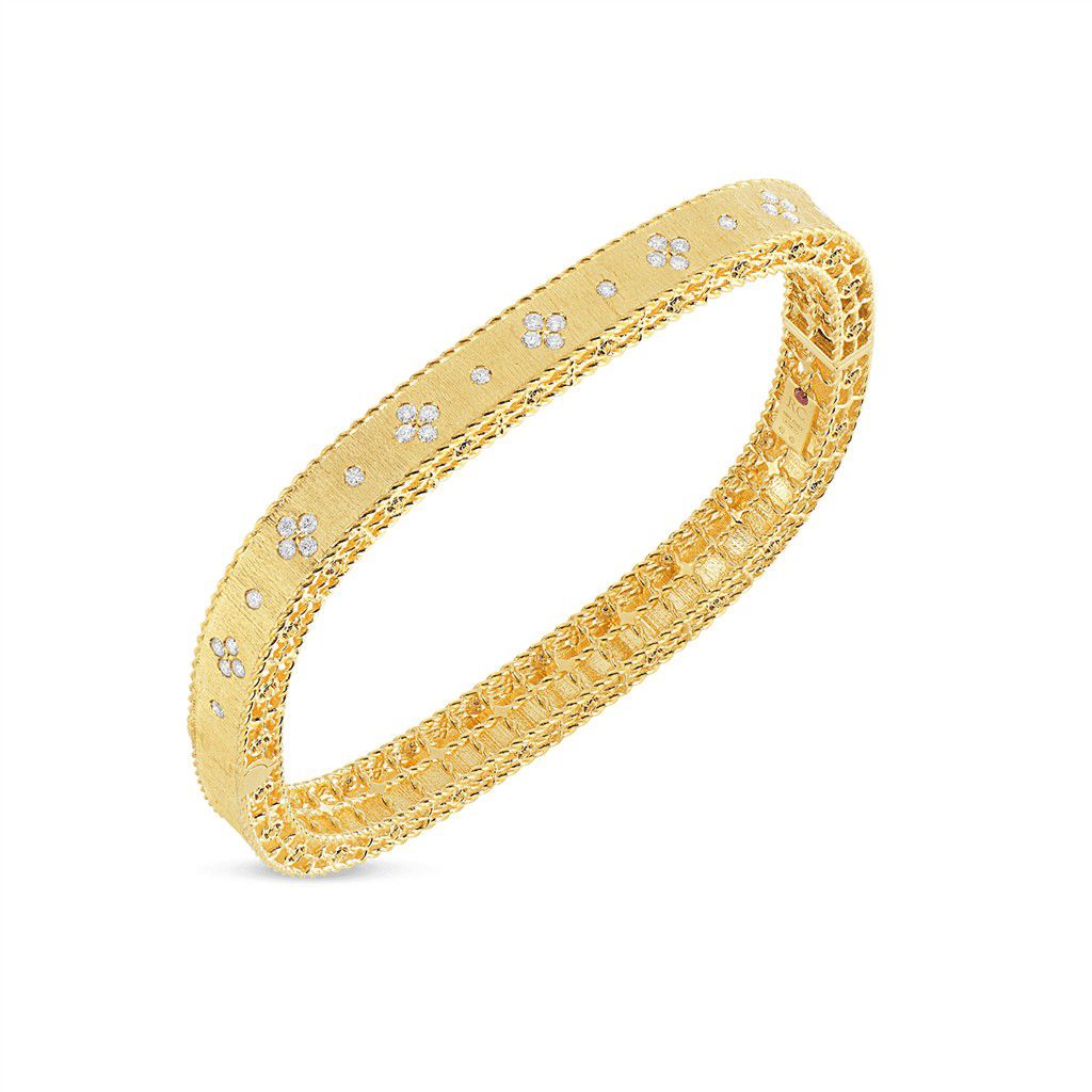 Roberto Coin 18K Yellow Gold Roberto Coin Princess Satin Fleur de Lis Diamond Slim Bangle Womens Bracelets