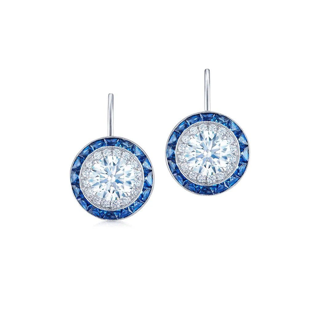 Kwiat 18K White Gold Kwiat Silhouette Round Diamond and Sapphire Halo Drop Earrings Earrings