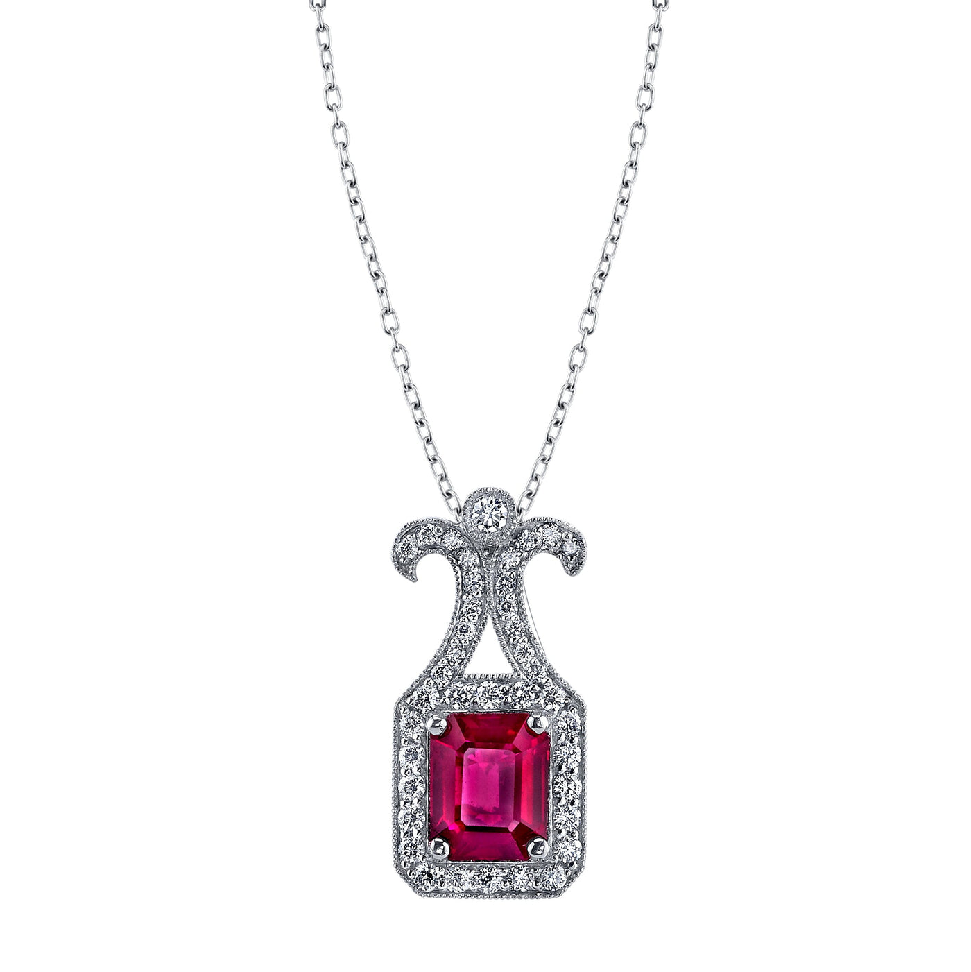 Emerson Fine Jewelry Platinum Emerald Cut Ruby & Diamond Pendant Pendants