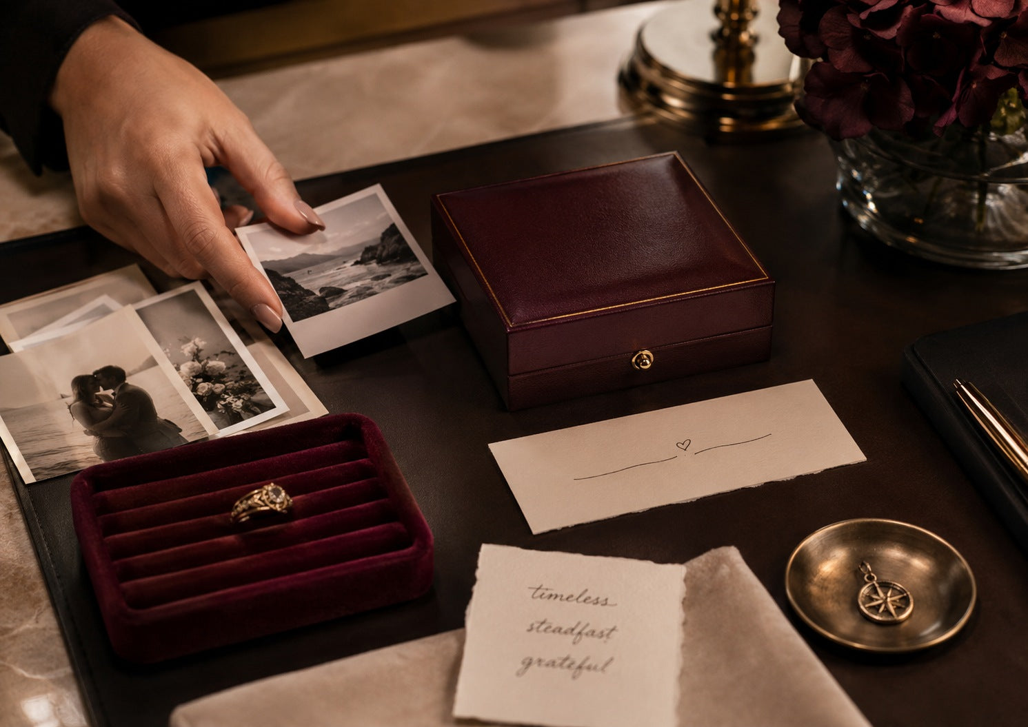 Anniversary consultation table with heirloom ring, keepsake photos, jewelry box, handwritten notes, and sentimental mementos.