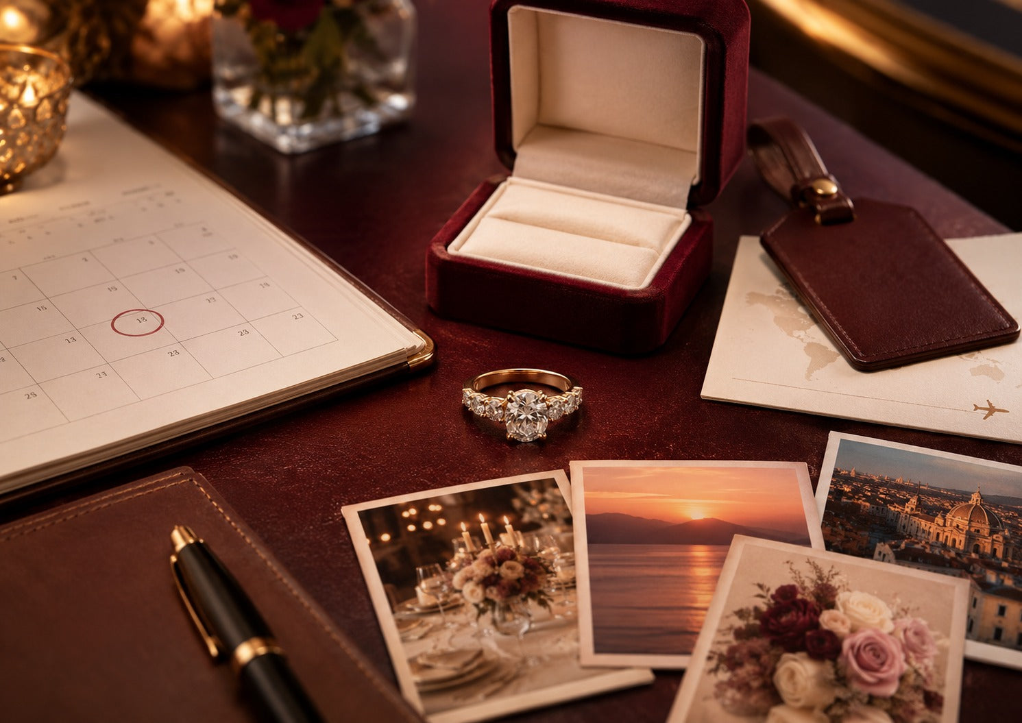 Diamond anniversary ring beside a circled calendar date, travel tag, ring box, and inspiration photos on a planning table.