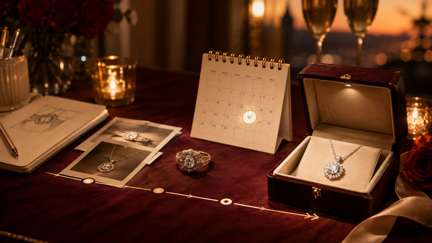 Anniversary jewelry planning scene with calendar, design sketches, heirloom ring, timeline, and diamond necklace box.