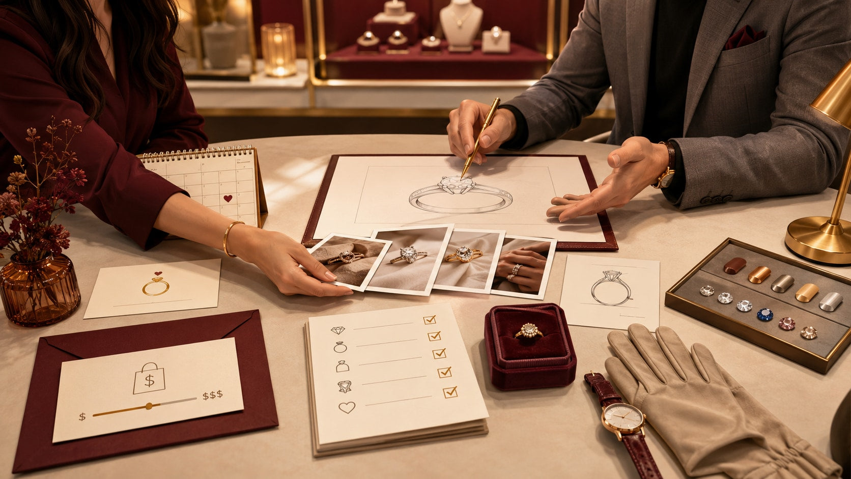 Custom jewelry consultation with ring sketches, inspiration photos, budget notes, calendar, and gemstone samples.