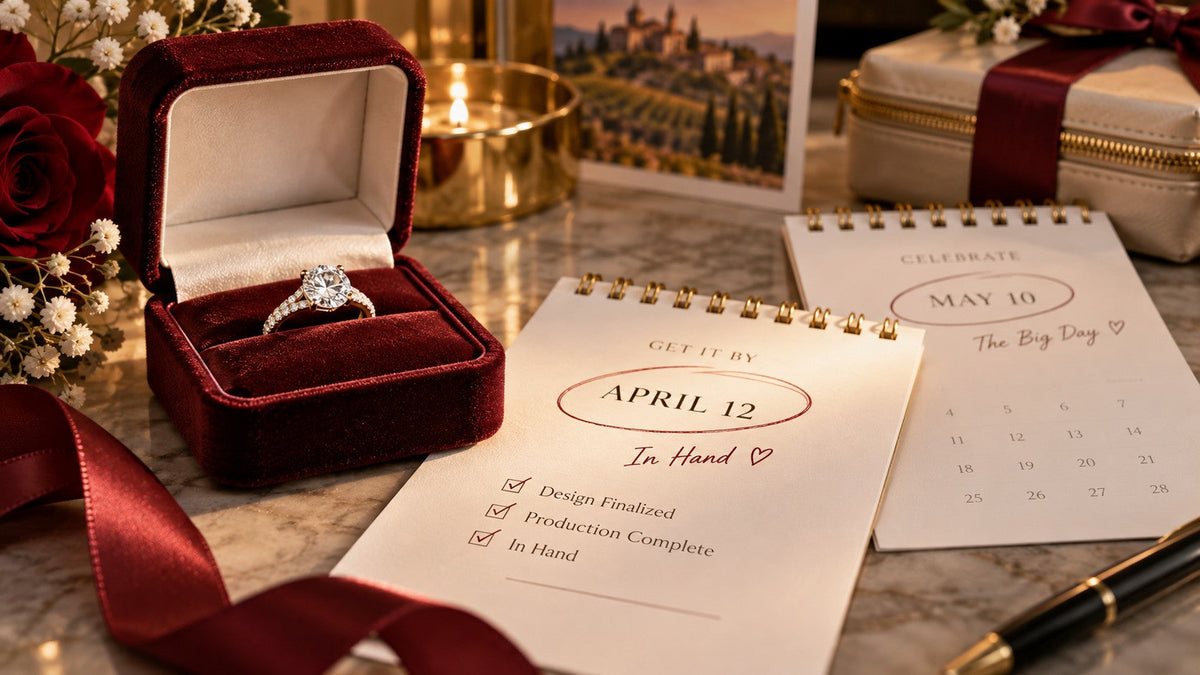 Diamond ring beside calendars marking an earlier in-hand deadline and a later celebration date.
