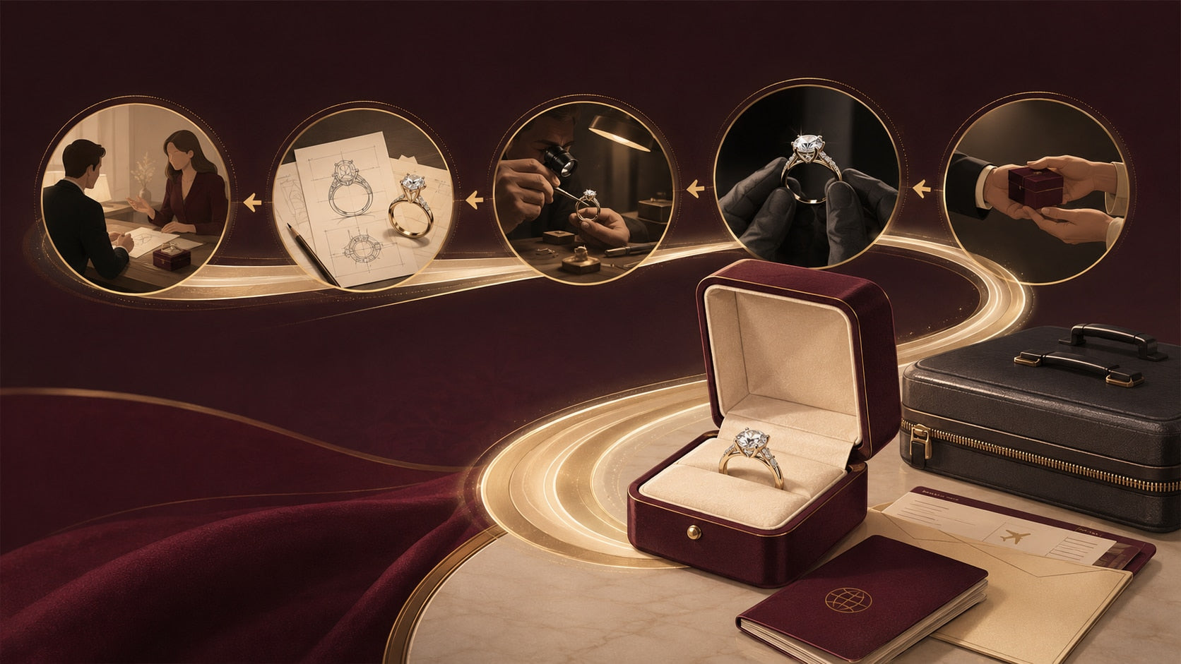 Custom diamond ring beside travel items with a reverse timeline from consultation to final pickup.