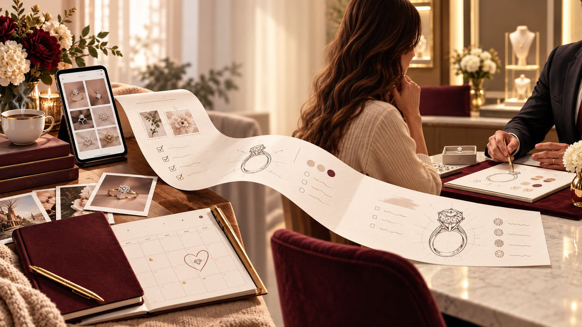 Luxury custom jewelry planning scene linking home inspiration research with an in-store consultation.