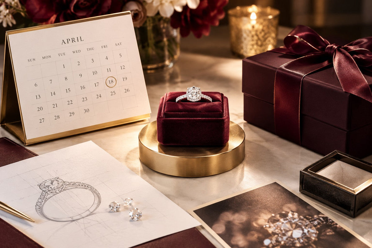Diamond ring elevated on a gold pedestal beside a milestone calendar, design sketch, and surprise gift box.