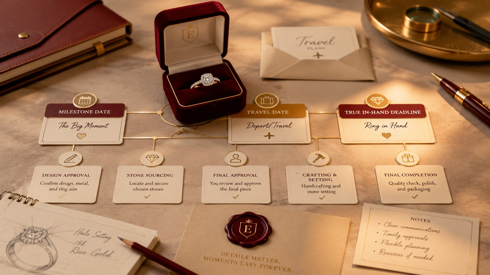 Engagement ring beside a milestone timeline showing travel, approvals, stone sourcing, crafting, and completion.