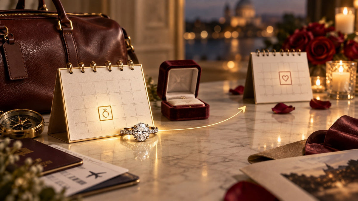 Diamond ring beside two calendar markers, travel bag, candles and roses illustrating proposal deadline planning.