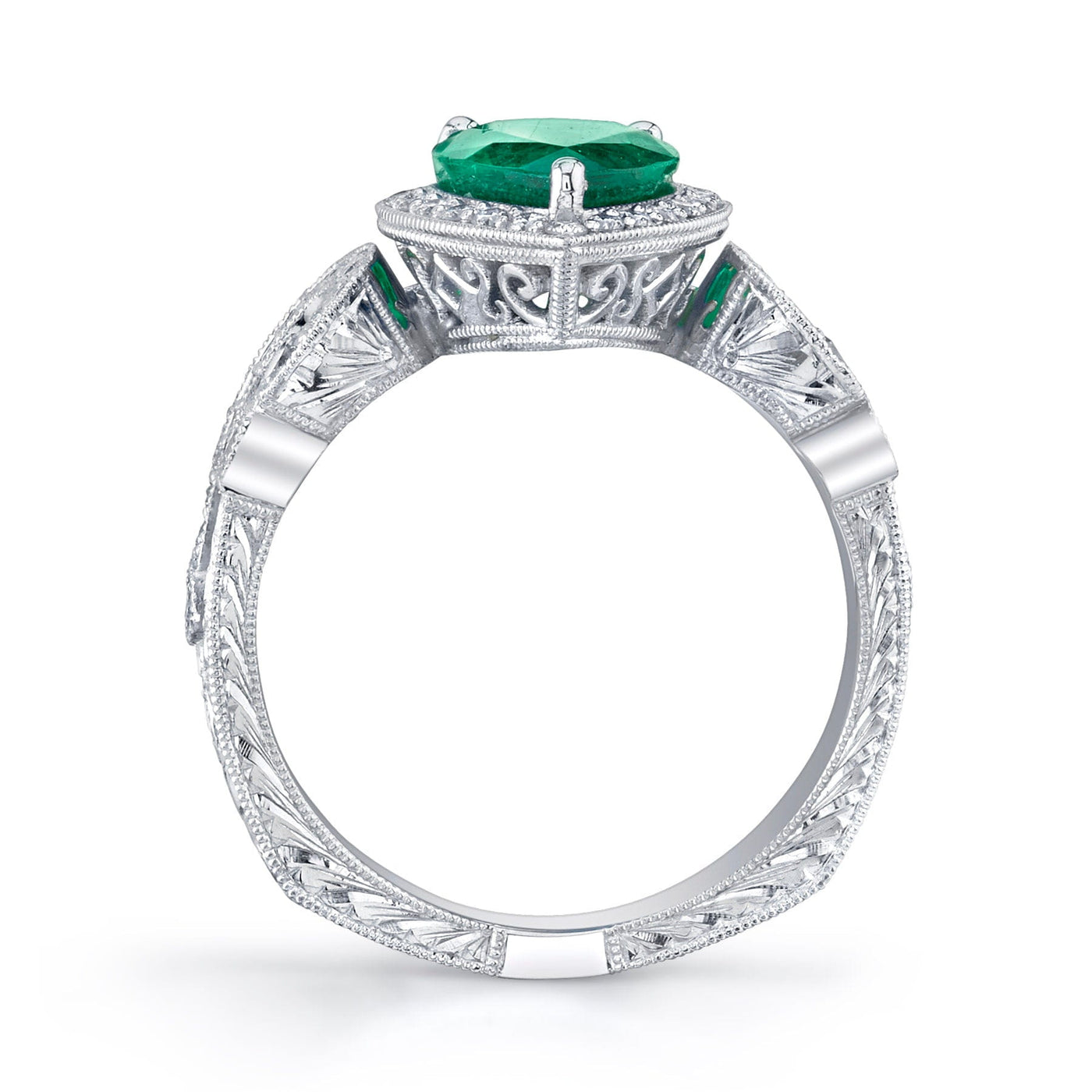 Emerson Fine Jewelry Platinum Pear Shape Columbian Emerald & Diamond Ring Engagement Rings