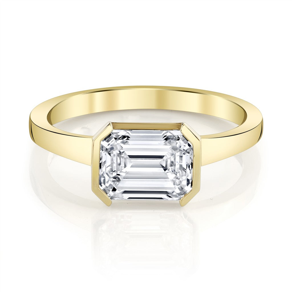 18K Yellow Gold Open Bezel East-West Emerald Cut Diamond Engagement Ring