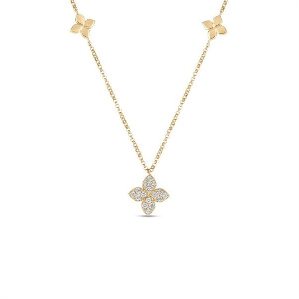 18K Yellow Gold Roberto Coin Love by the Inch Diamond Flower Station Necklace