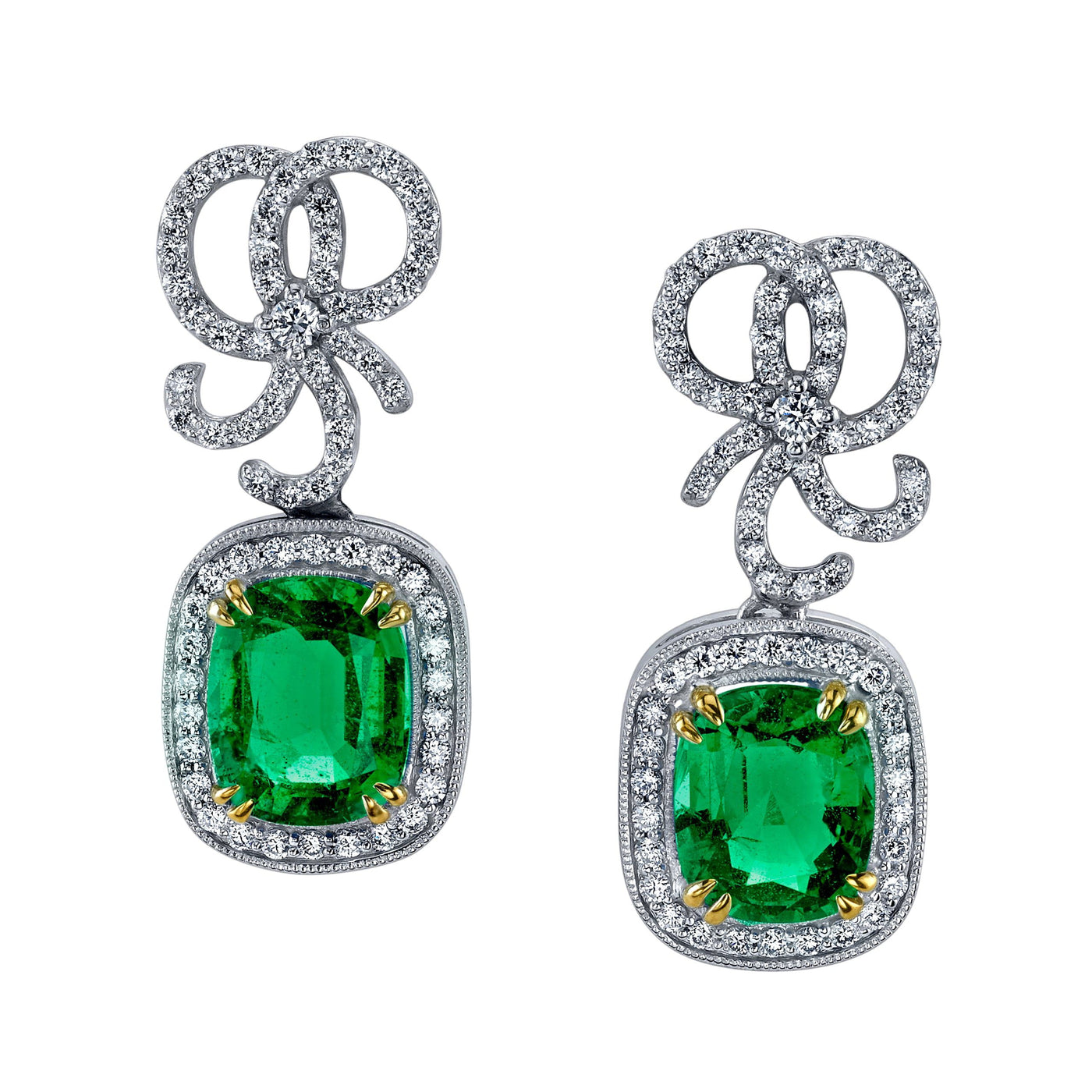 Emerson Fine Jewelry 18K White Gold Cushion Cut Emerald & Diamond Bow Earrings Earrings