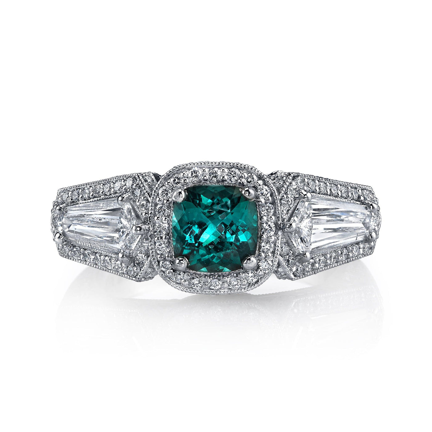 Emerson Fine Jewelry Platinum Cushion Cut Blue-Green Tourmaline & Diamond Engagement Ring Engagement Rings